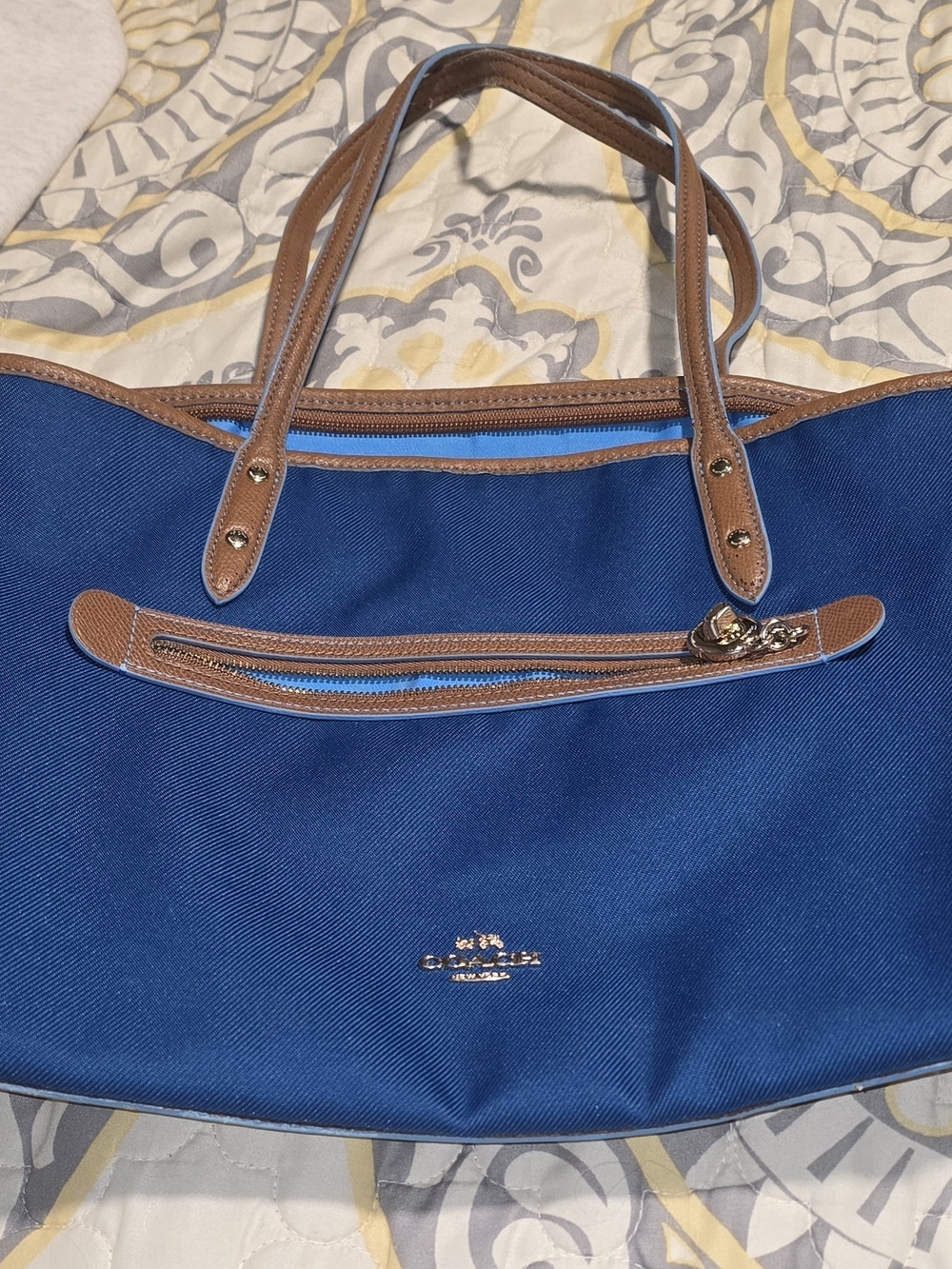 Coach Navy Blue Nylon Tote with Brown Leather Trim